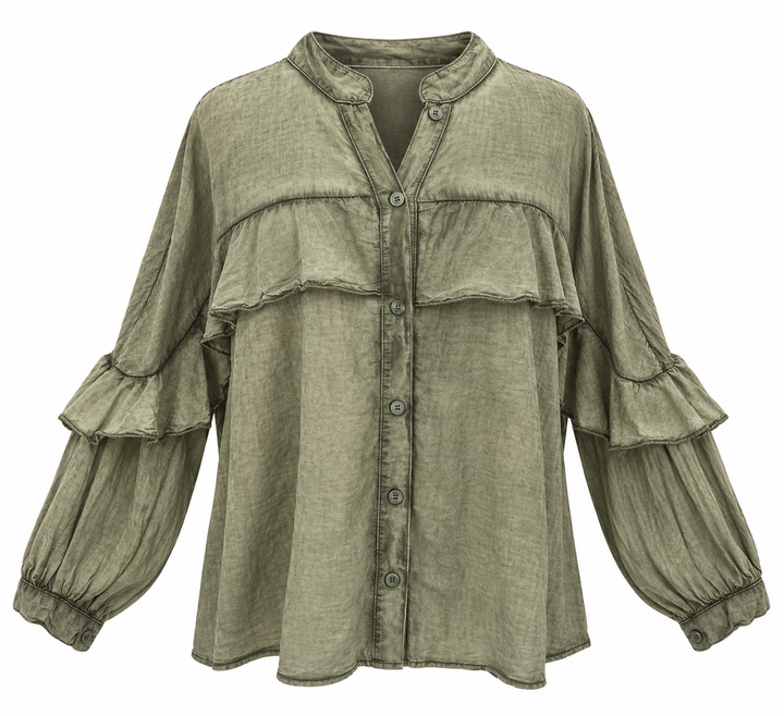 Francis Stone Washed Frill Shirt Olive