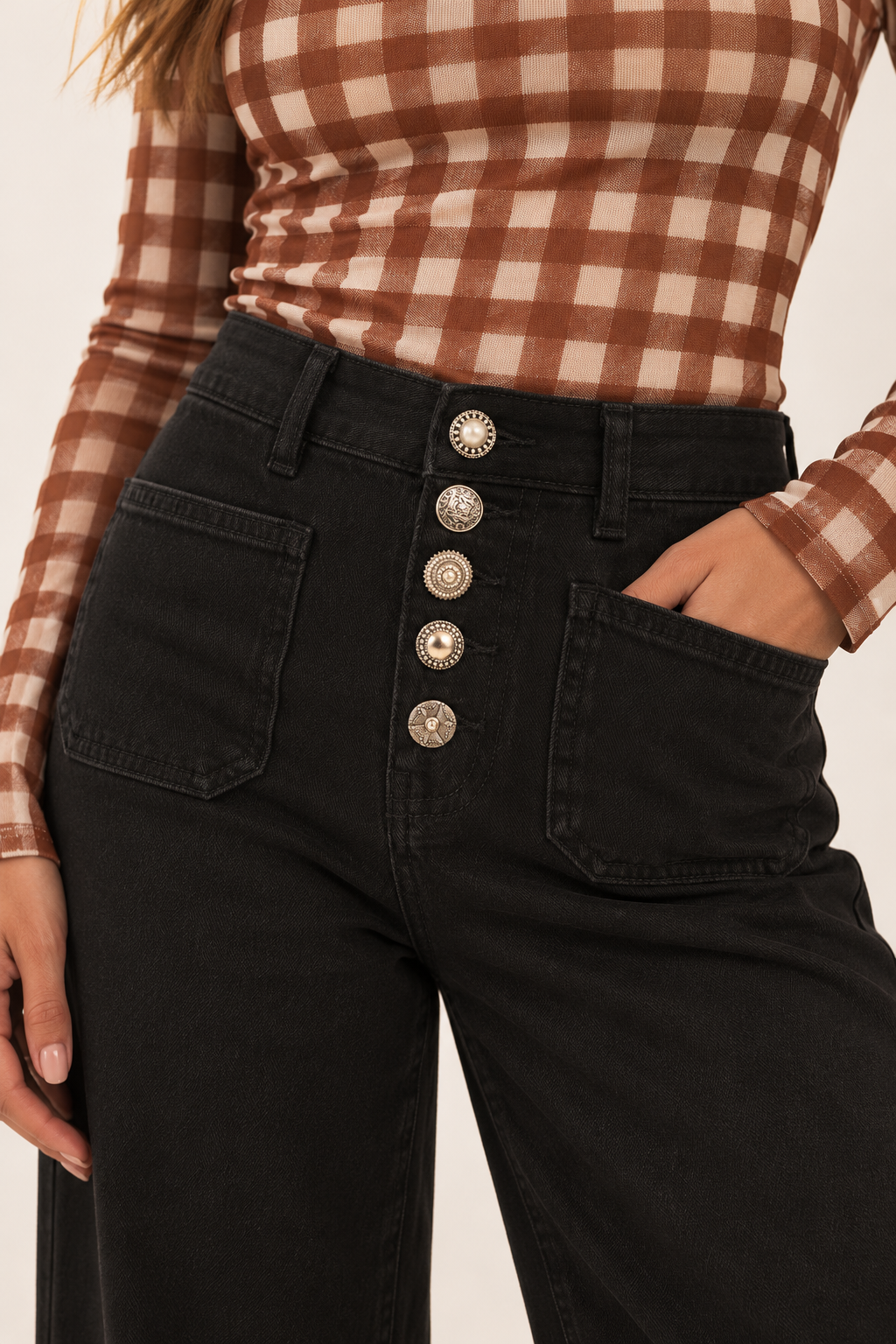 Embellished Button Wide Leg Jeans Black