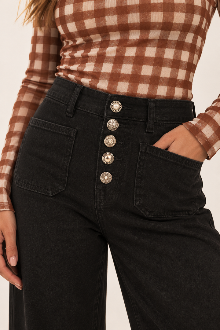 Embellished Button Wide Leg Jeans Black