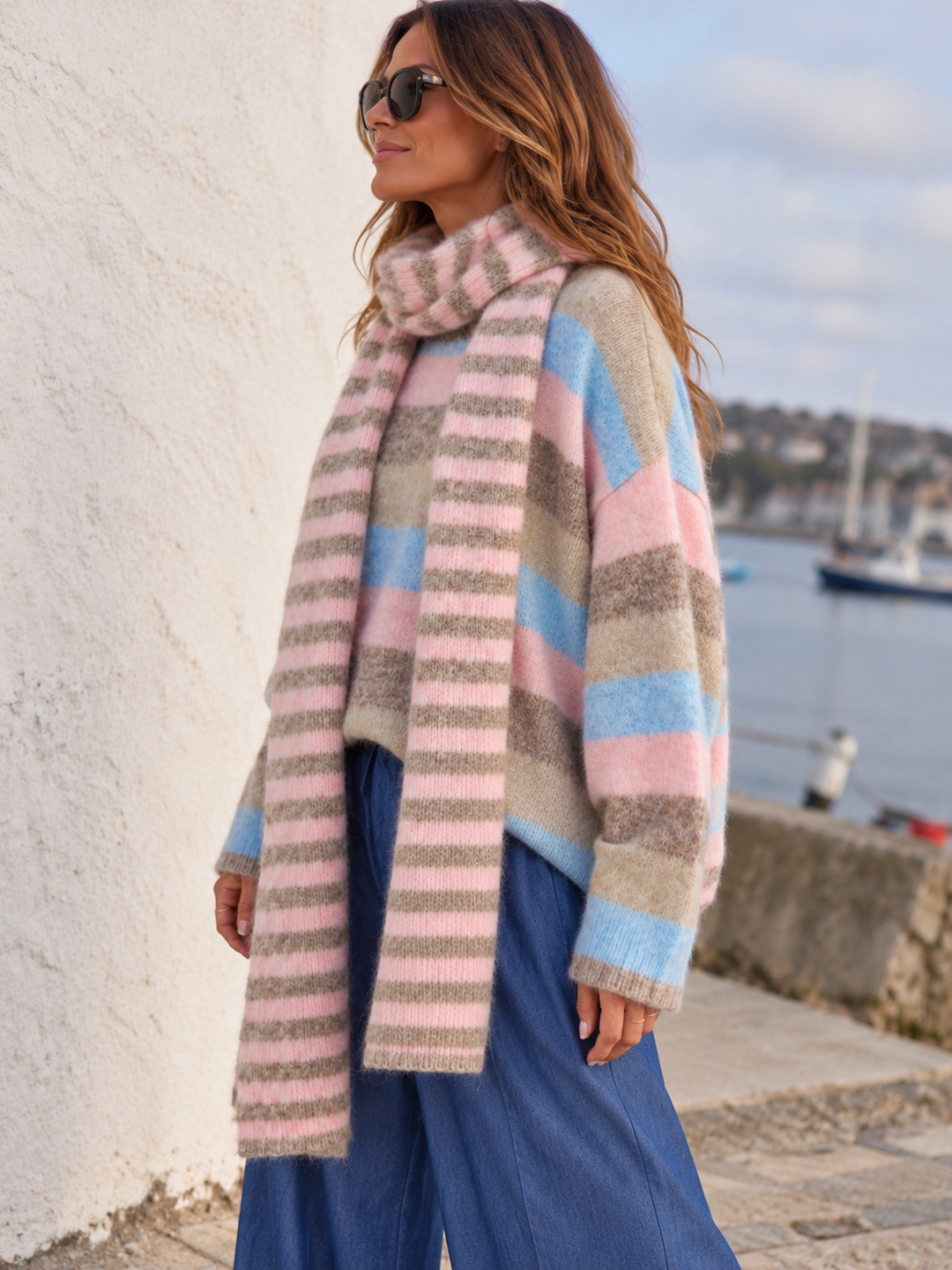 Sara Stripe Jumper & Scarf Set Pastel