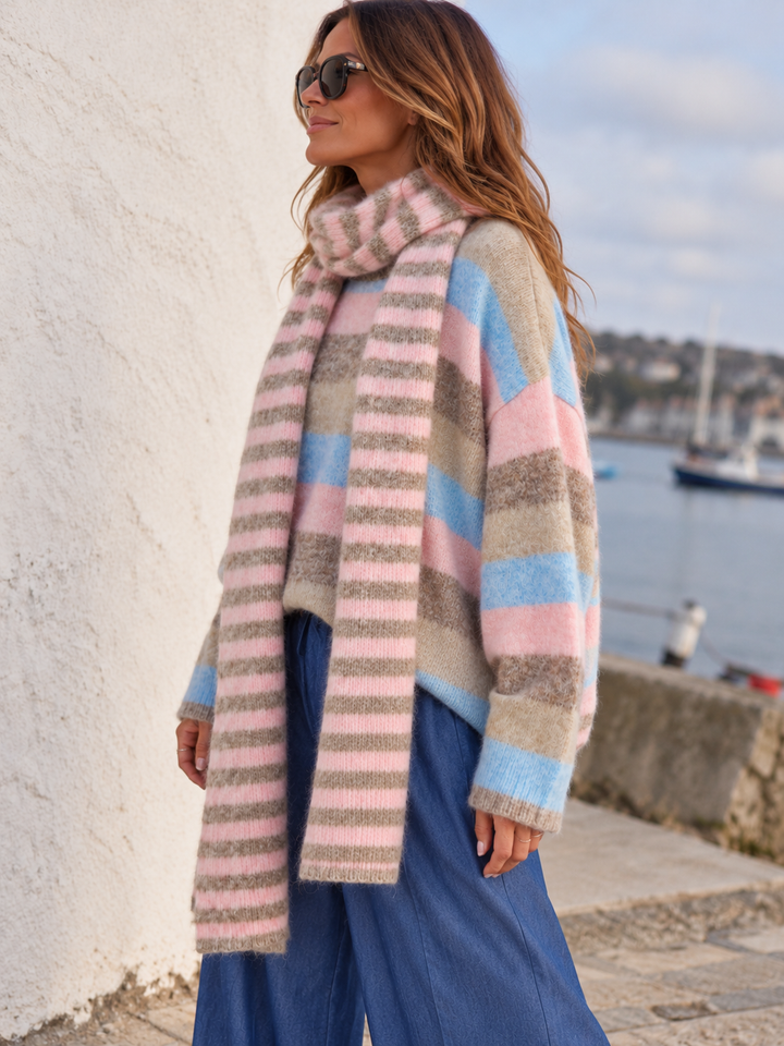 Sara Stripe Jumper & Scarf Set Pastel