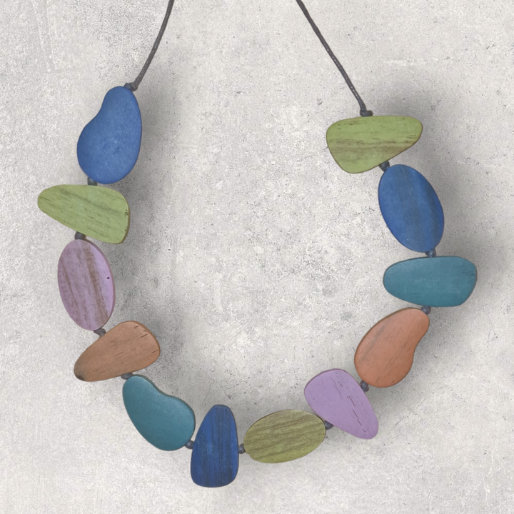 Wooden Pebble Strand Necklace Rainbow