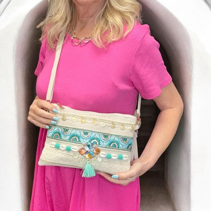Elkie Embroidered Clutch Bag Aqua