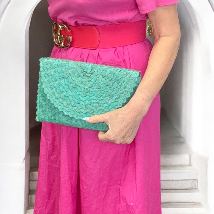 Shay Straw Clutch Bag Turquoise