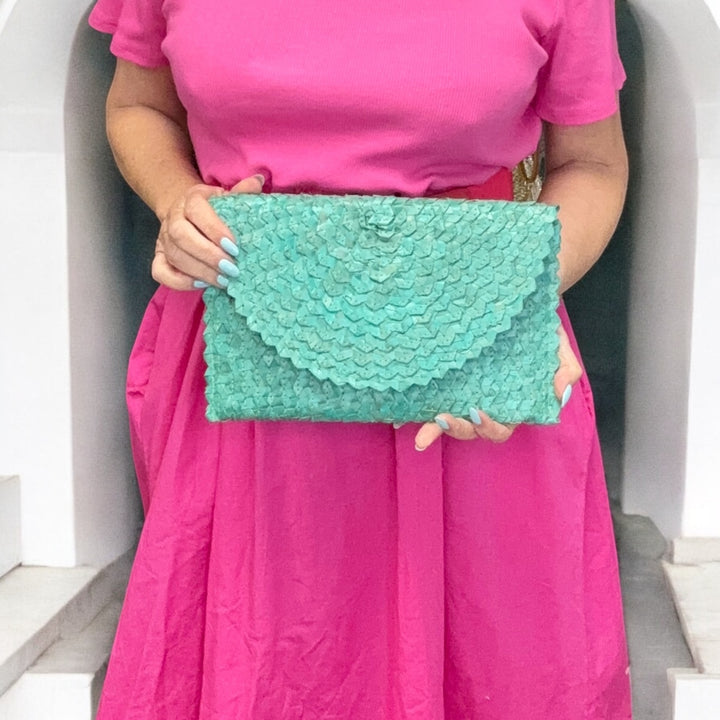 Shay Straw Clutch Bag Turquoise