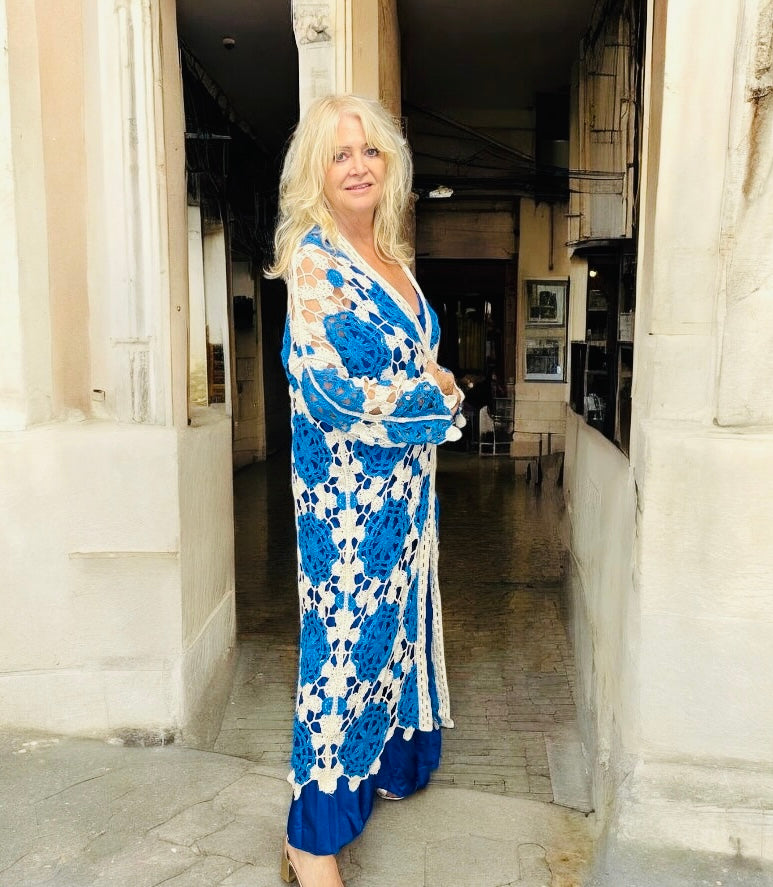 Midaxi long sleeve Crochet Cardigan Turquoise