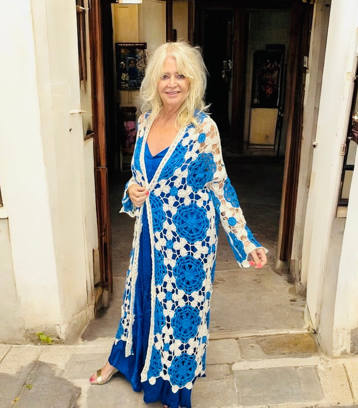 Midaxi long sleeve Crochet Cardigan Turquoise