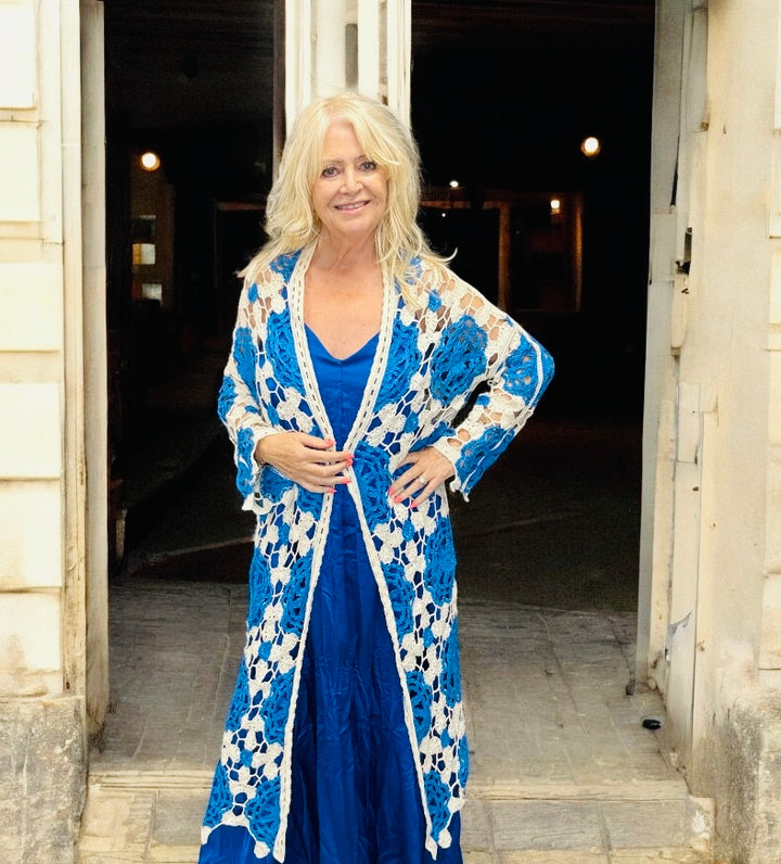 Midaxi long sleeve Crochet Cardigan Turquoise