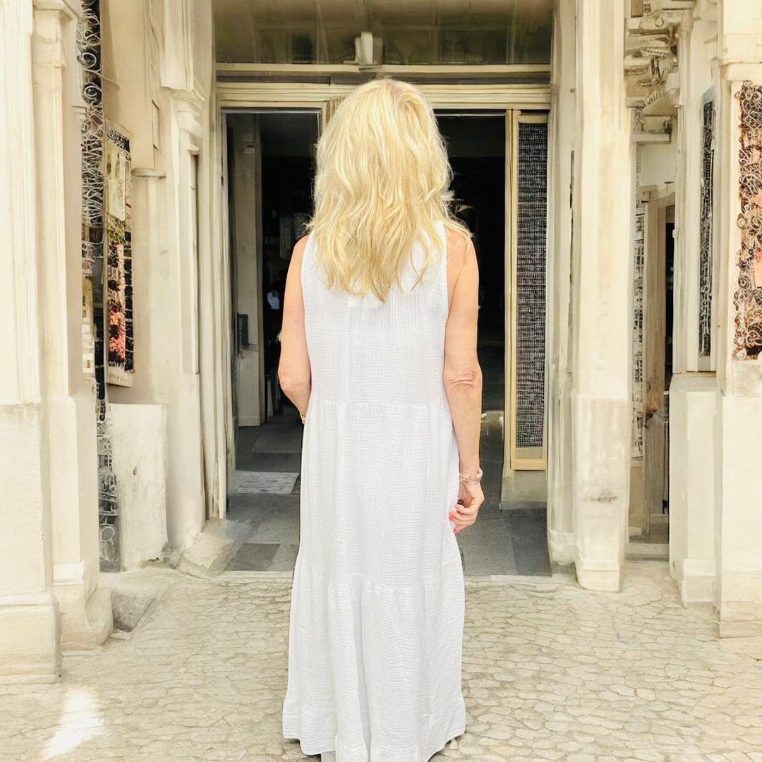 Tiered Bubble Cotton Maxi Dress White