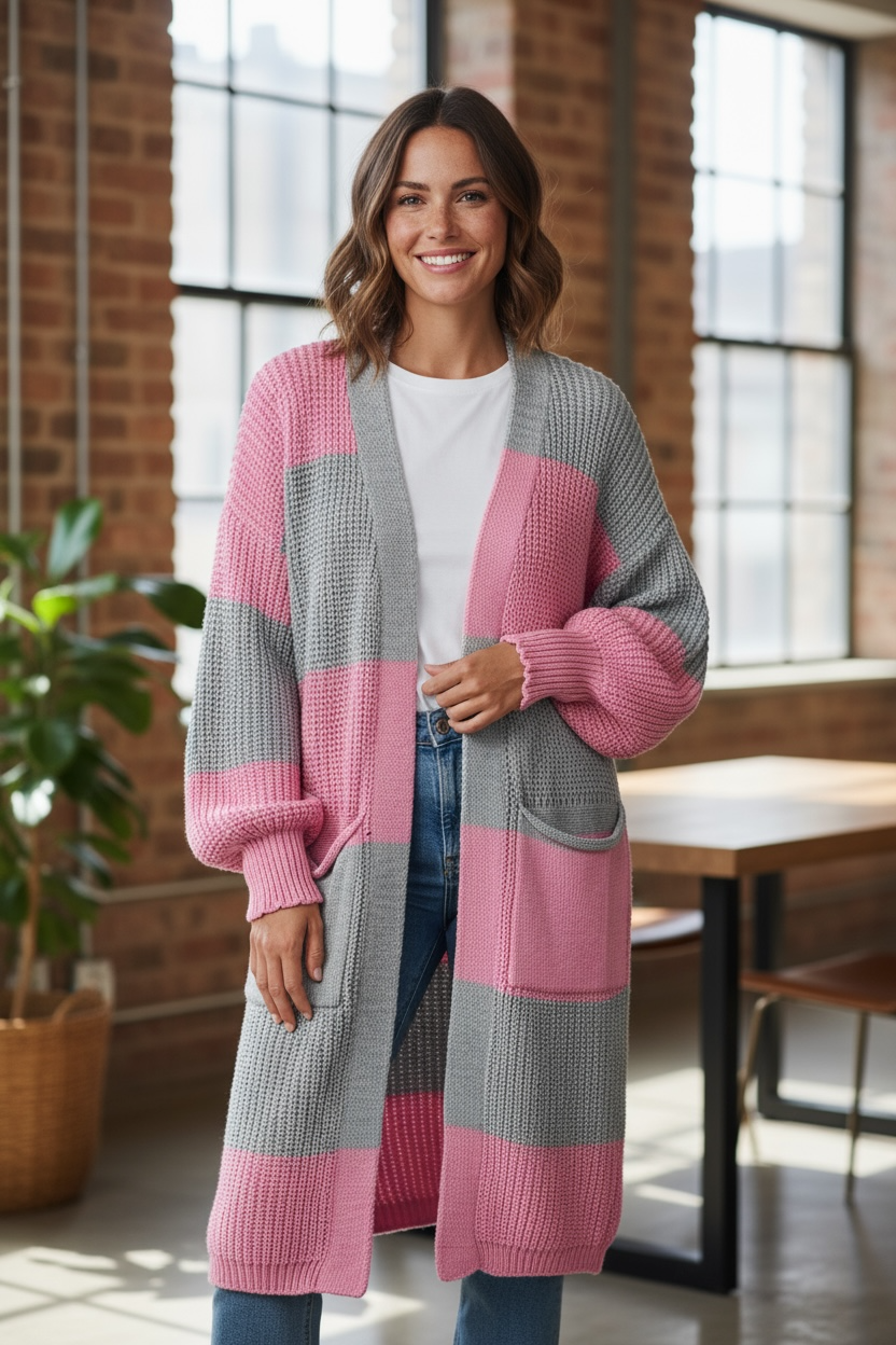 Saffi Stripe Cardigan Pink/Grey