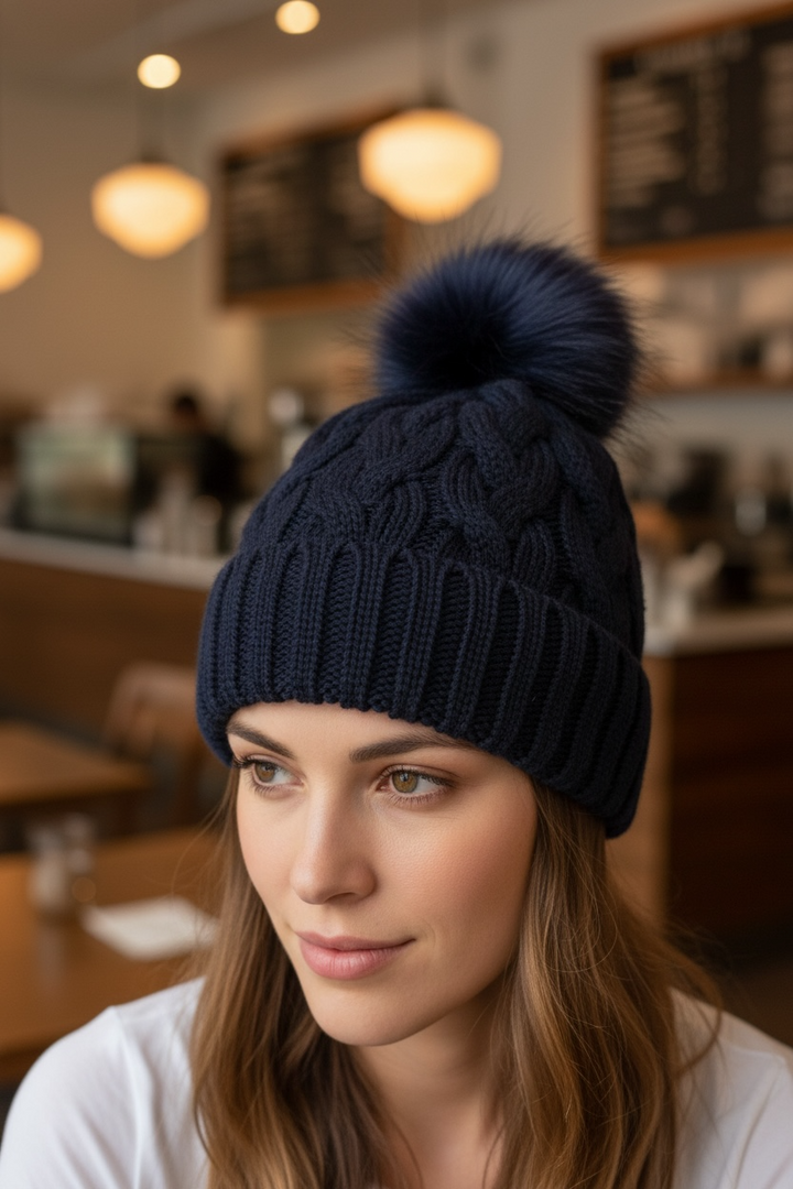 Cable Knit Bobble Hat Navy