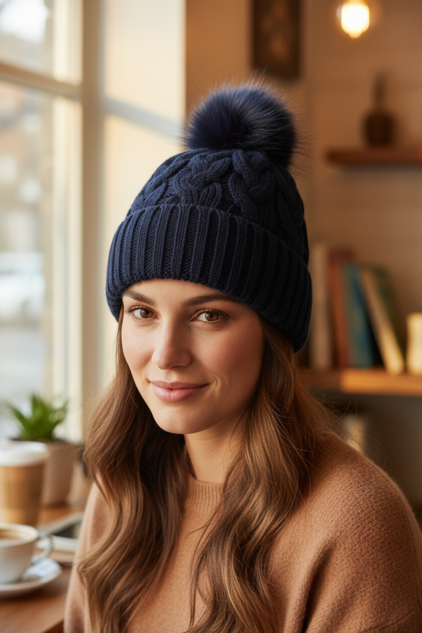 Cable Knit Bobble Hat Navy