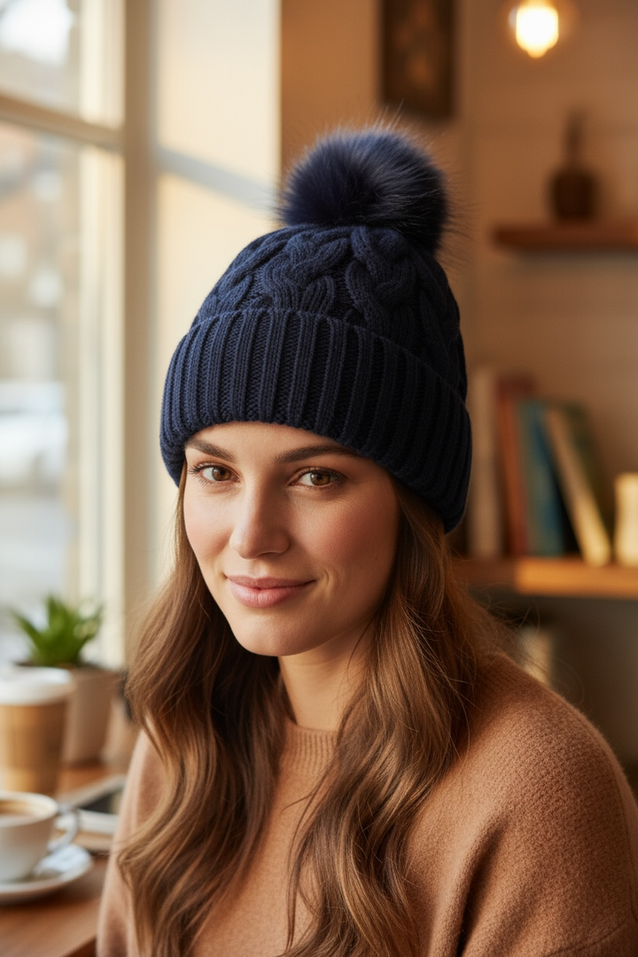 Cable Knit Bobble Hat Navy