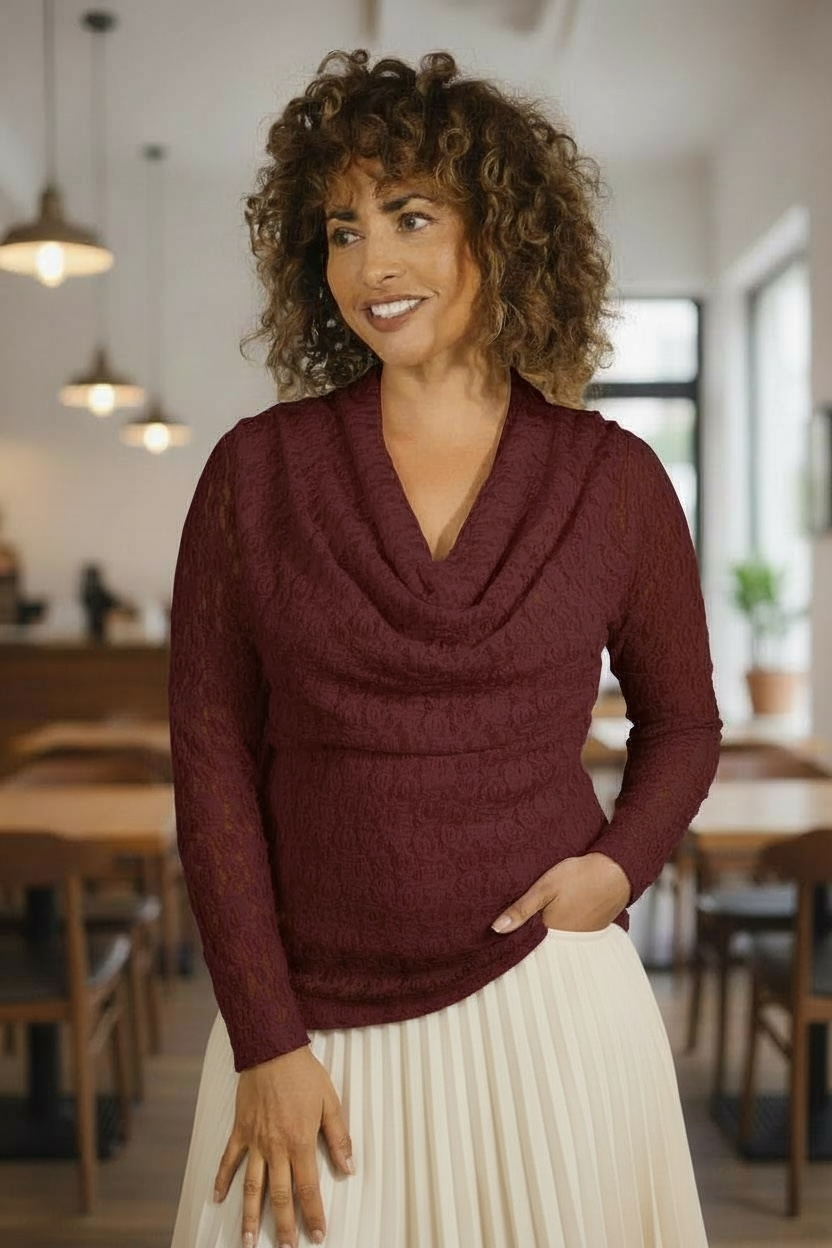 Silvana Lace Cowl Neck Top Burgundy