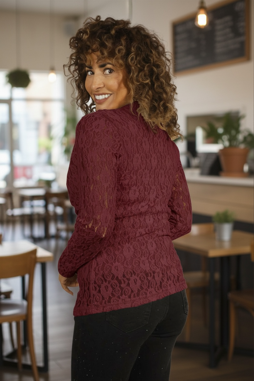 Silvana Lace Cowl Neck Top Burgundy