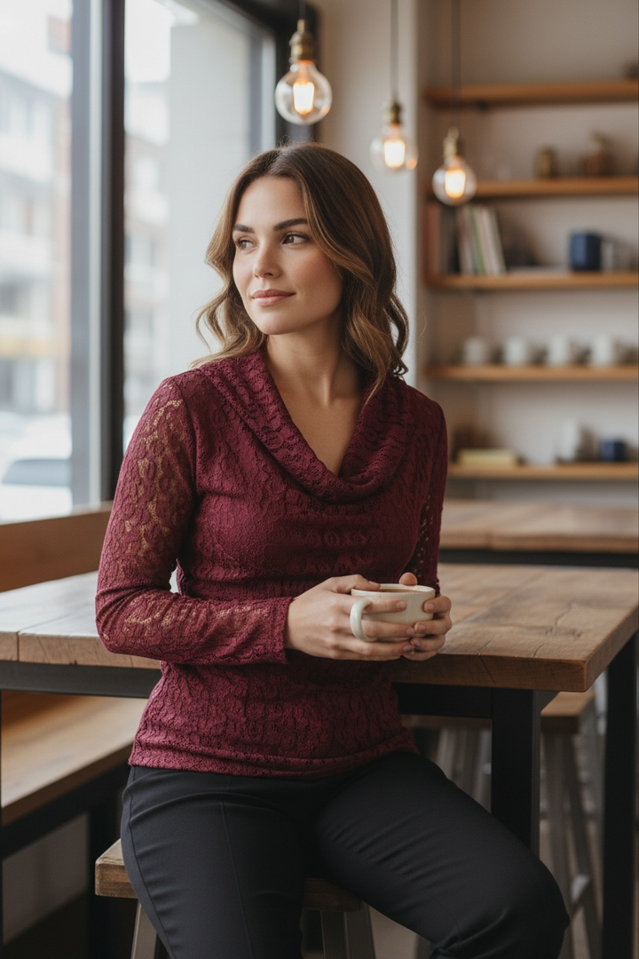 Silvana Lace Cowl Neck Top Burgundy