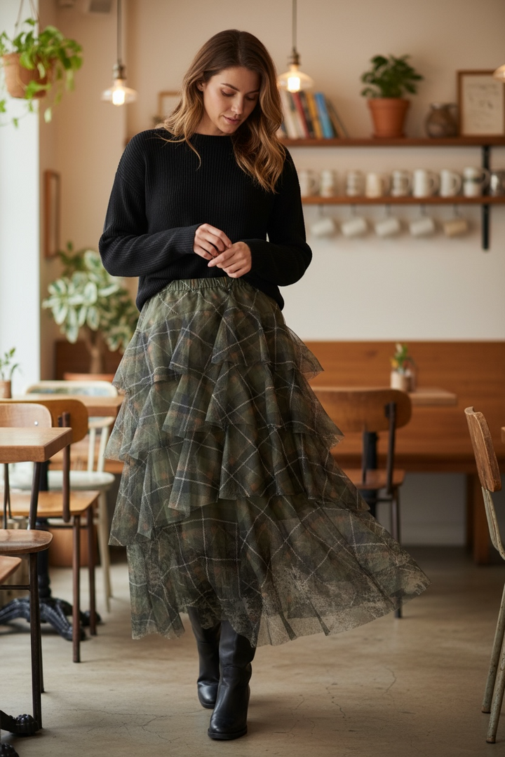 Luciana Tartan Ruffle Skirt Khaki