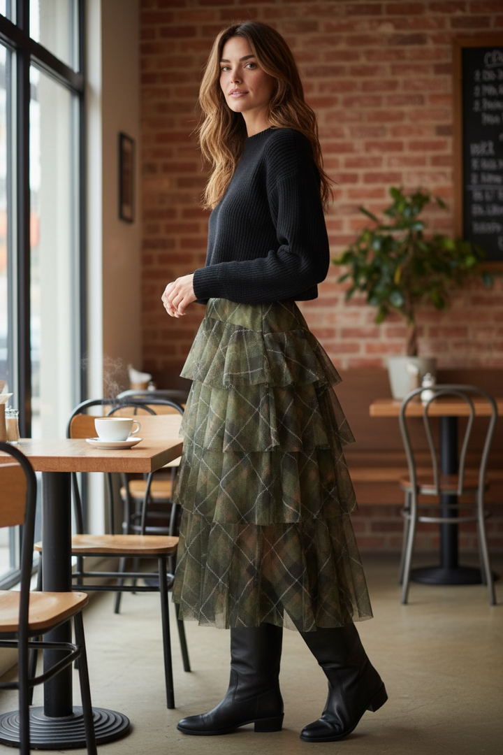 Luciana Tartan Ruffle Skirt Khaki