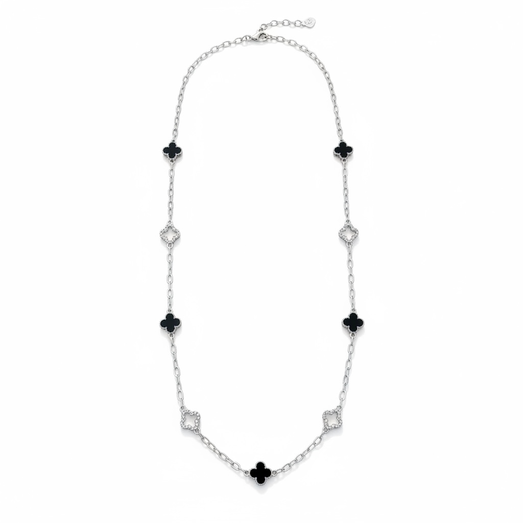 Clover Necklace Long Silver Black/Diamante