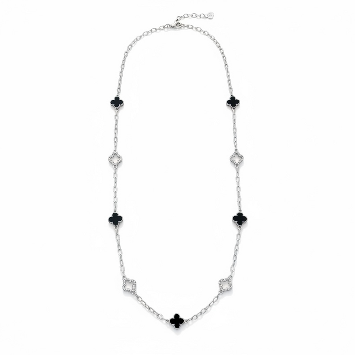 Clover Necklace Long Silver Black/Diamante