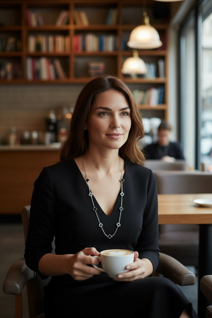 Clover Necklace Long Silver Black/Diamante