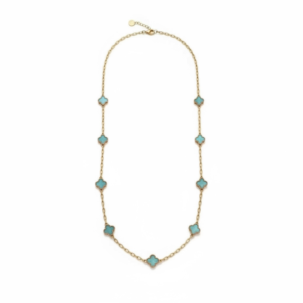 Clover Necklace Long Gold/Turquoise