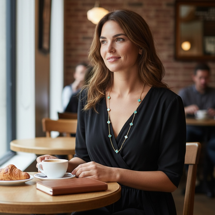 Clover Necklace Long Gold/Turquoise