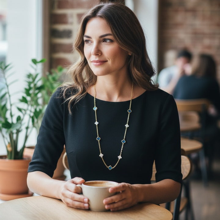 Clover Necklace Long Gold/Crystal Turquoise