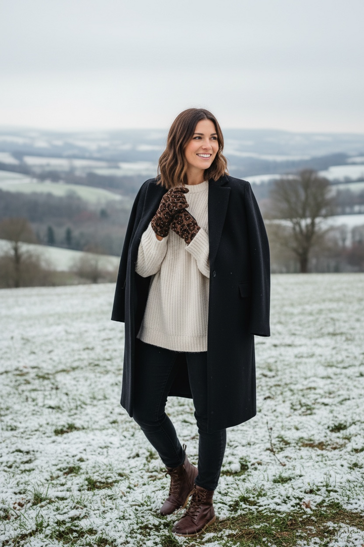 Diamante Leopard Gloves Black