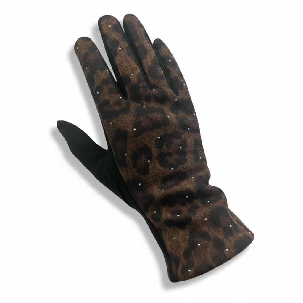 Diamante Leopard Gloves Black