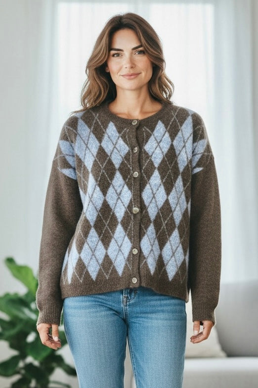 Alicia Argyle Knit Cardigan Blue