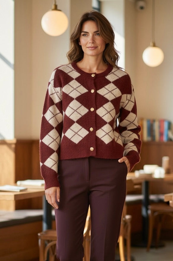 Adalee Argyle Cardigan Wine