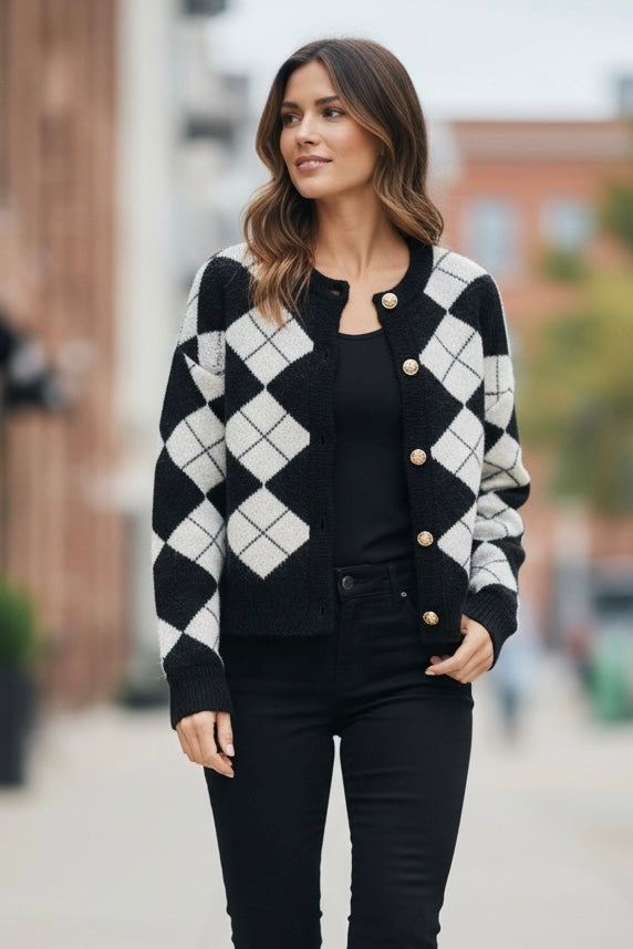 Adalee Argyle Cardigan Black