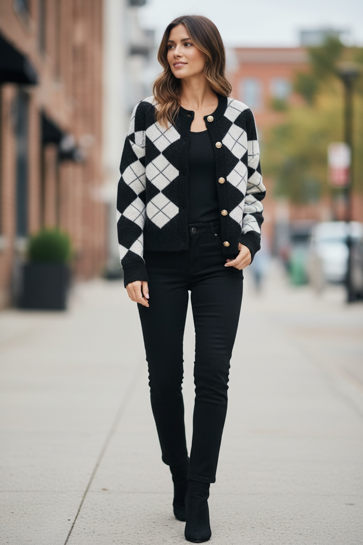 Adalee Argyle Cardigan Black
