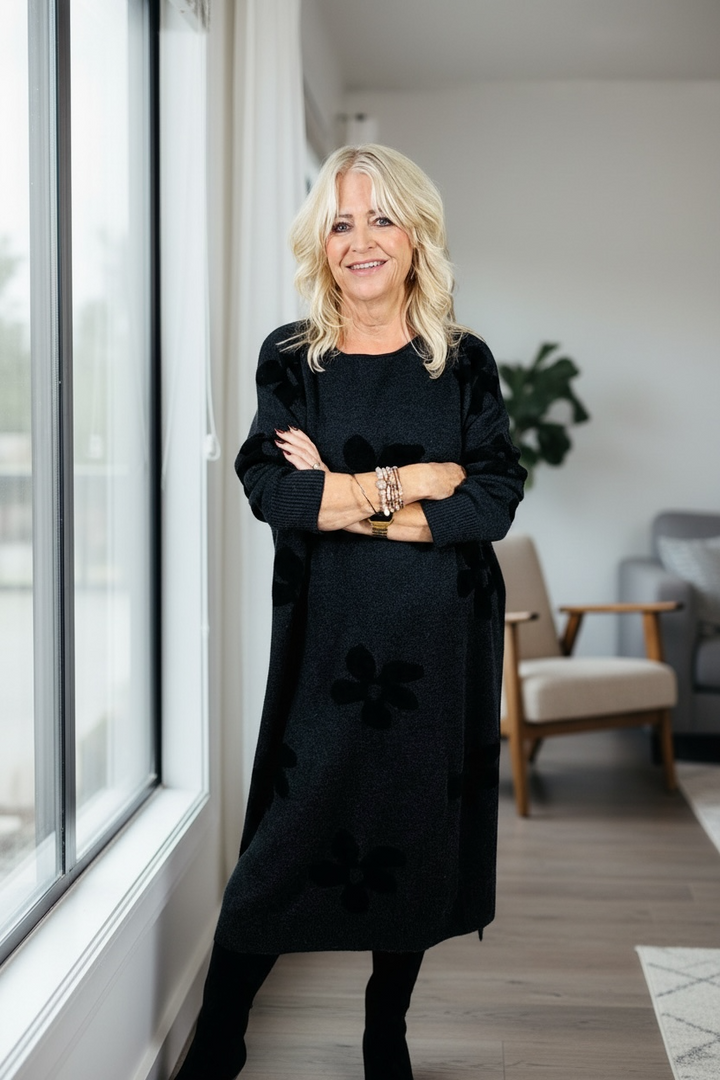 Farrah Floral Knit Dress Charcoal