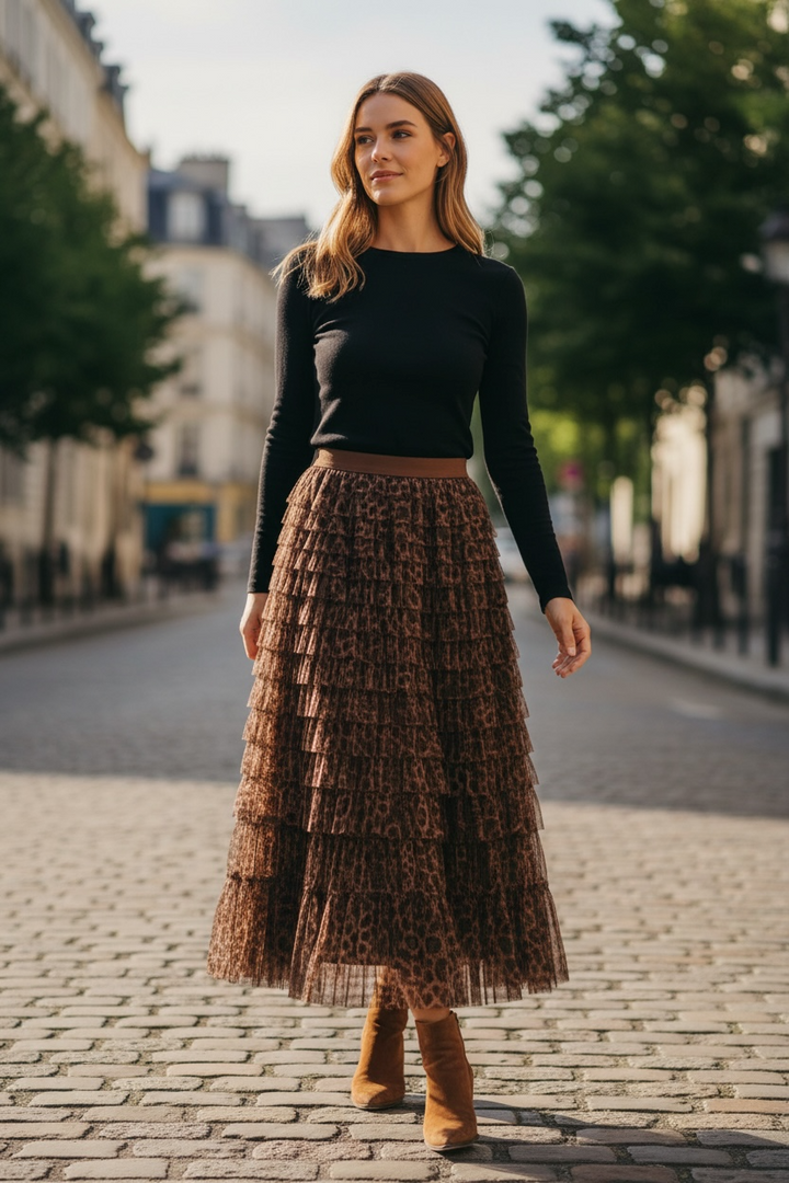 Seraphina Leopard Ruffle Skirt Chocolate