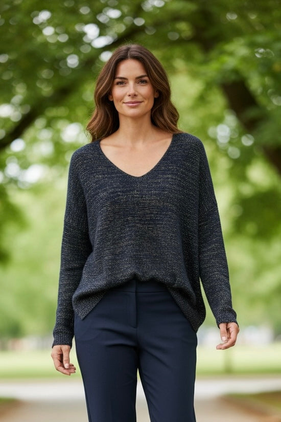 Venezia V Neck Lurex Jumper Navy