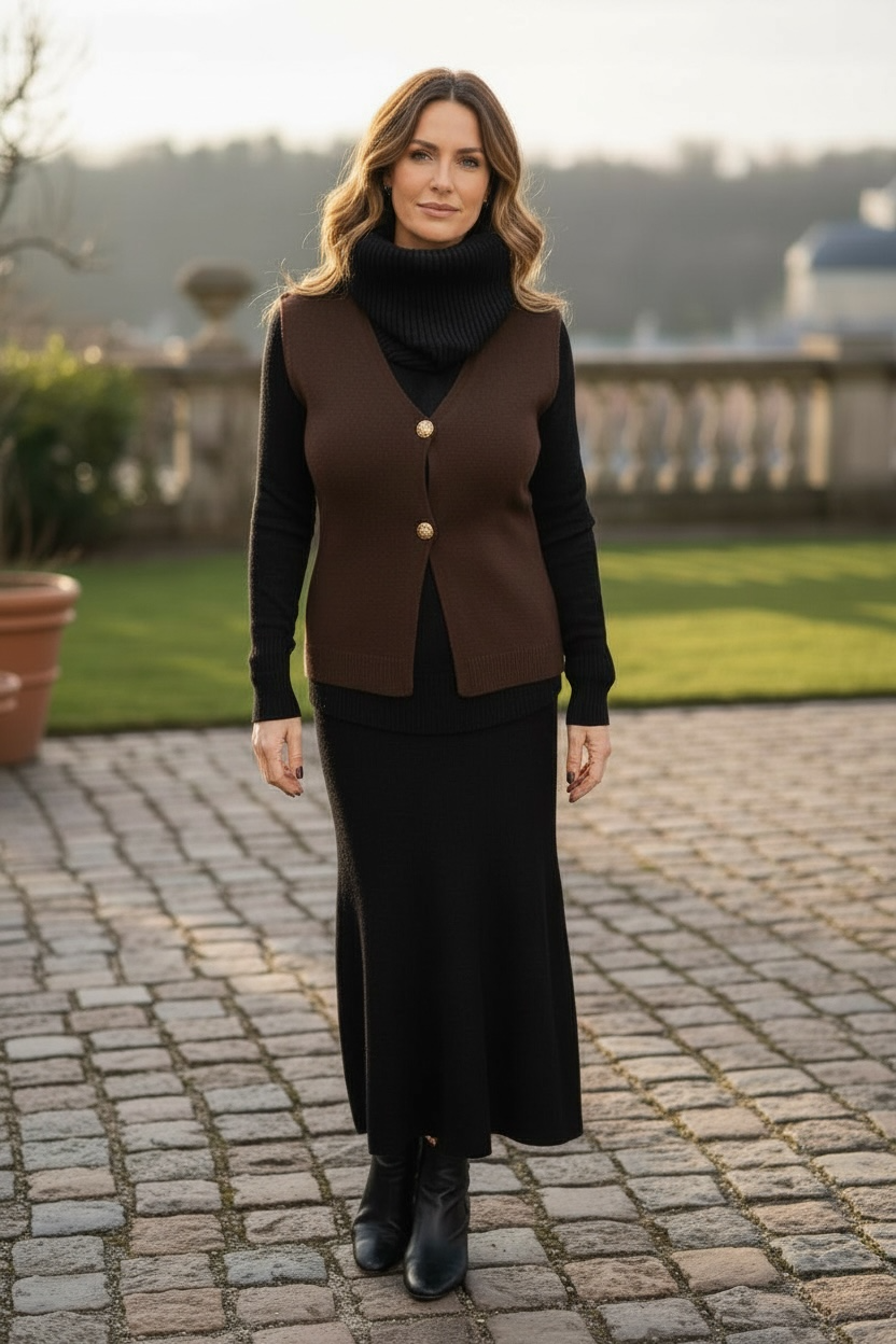 Gina Gold Button Waistcoat Chocolate