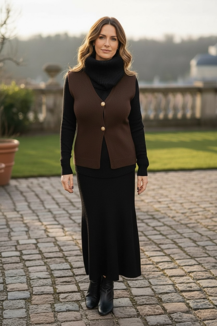 Gina Gold Button Waistcoat Chocolate