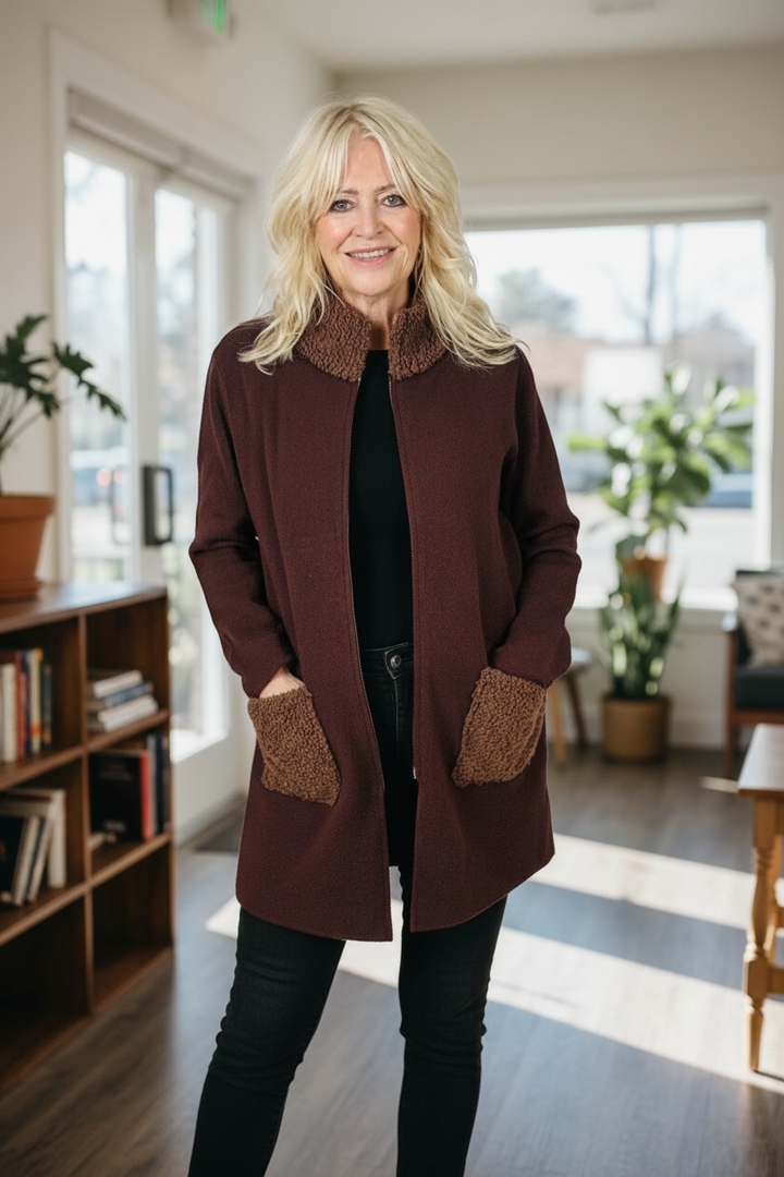 Teddy Trim Cardigan Chocolate