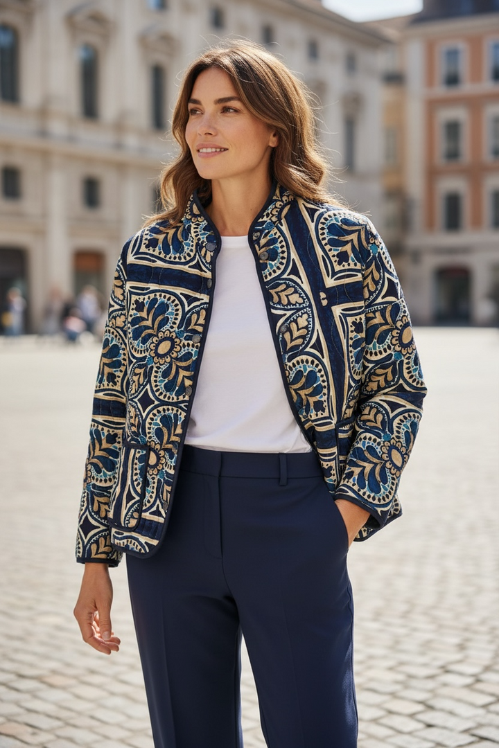 Amalfi Tile Quilted Jacket  Navy CUT LABEL