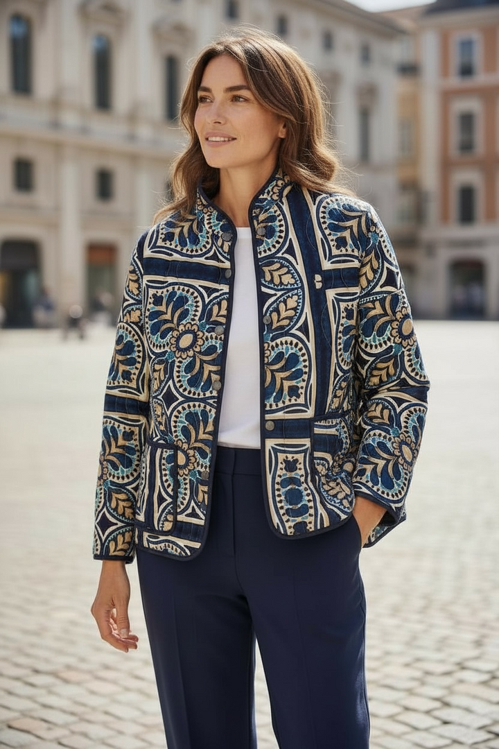 Amalfi Tile Quilted Jacket  Navy CUT LABEL