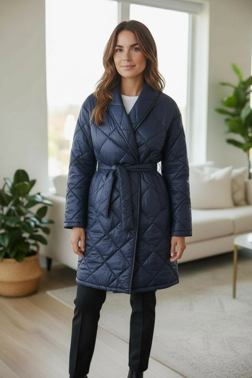 Tie Waist Puffer Coat Navy
