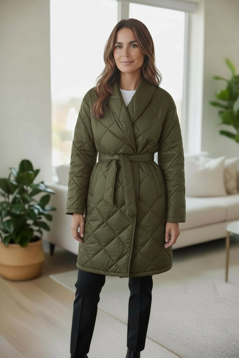 Tie Waist Puffer Coat Khaki