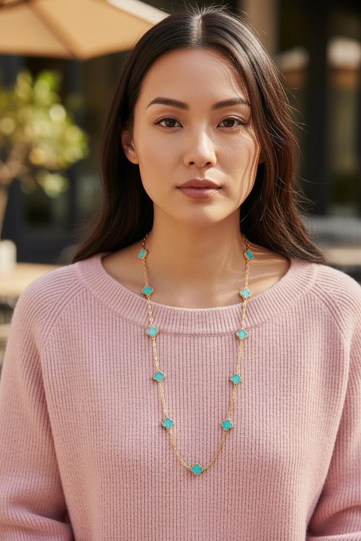 Clover Necklace Long Gold/Turquoise