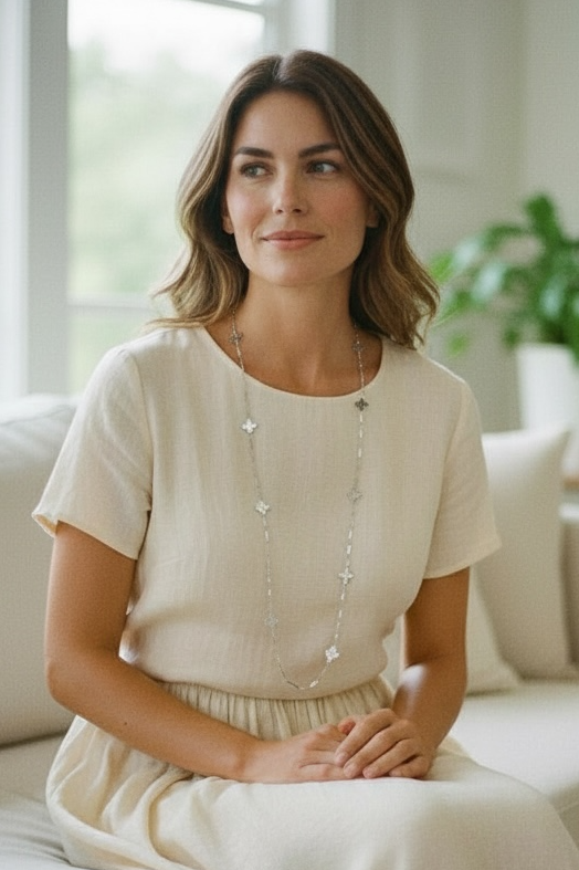 Clover Necklace Long Chunky Silver