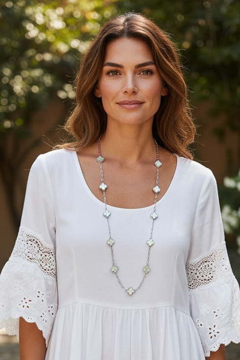 Clover Necklace Long Silver/Sage