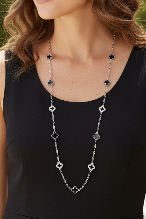 Clover Necklace Long Silver Black/Diamante