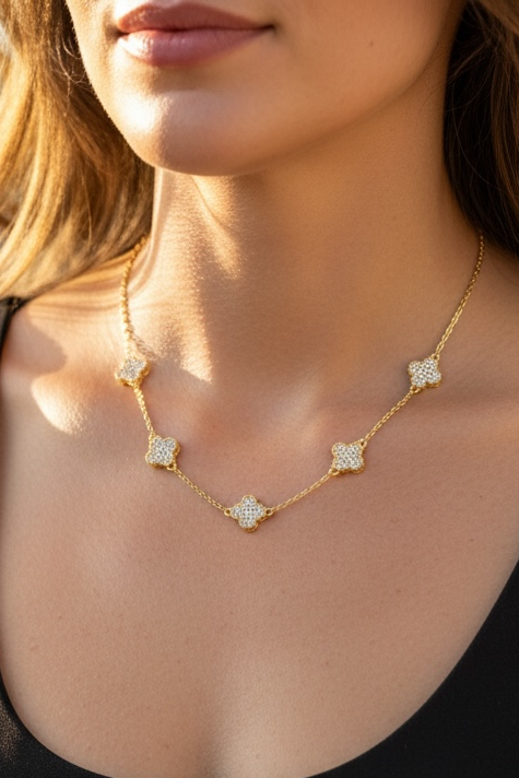 Clover Necklace Short Gold/Diamante
