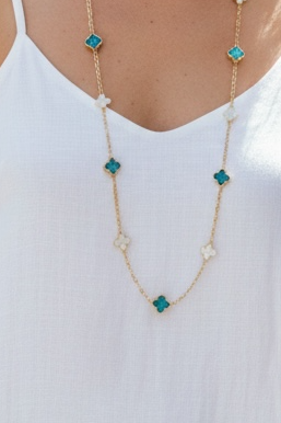 Clover Necklace Long Gold/Crystal Turquoise